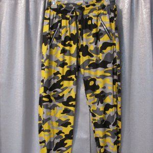 Yellow camo joggers with zipper pockets and drawstring